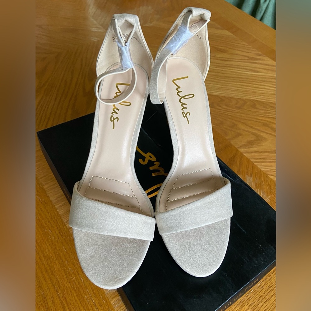 Lulus "Lover” Natural Suede Ankle Strap Heels